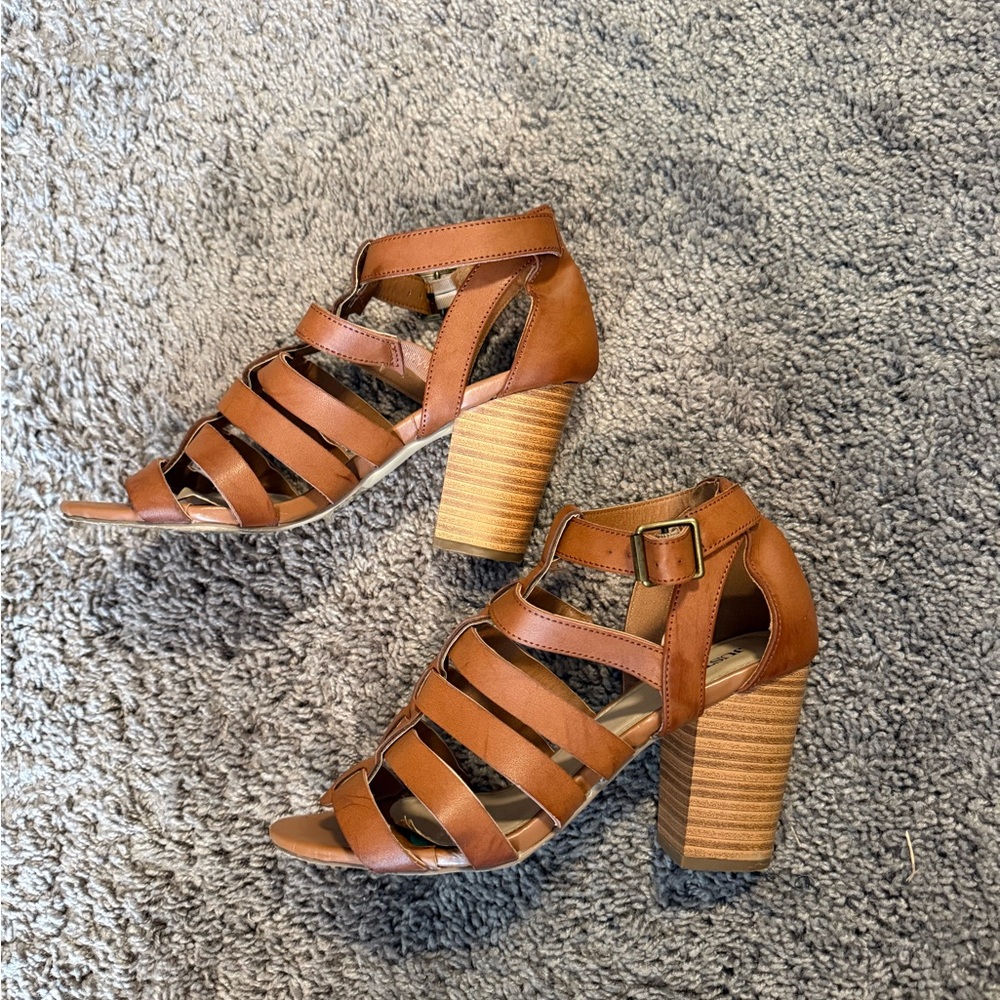 JustFab Cognac Strappy Block Heel Sandals